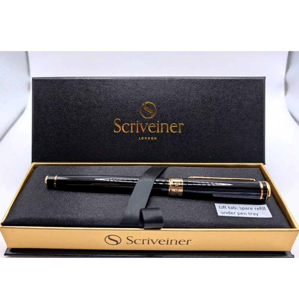 Scriveiner London Luxury Ballpoint Pen‎ Black Lacquer 24K Gold Finish